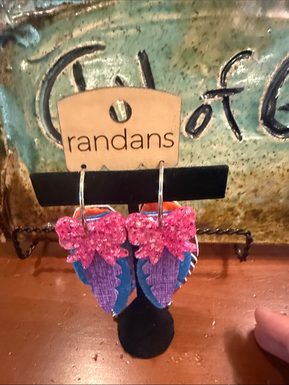 Pink Bow Multicolor Feather Drop Earrings - Picture 2 of 4